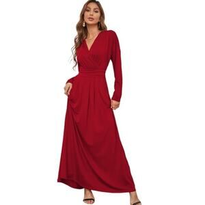 Women's Red V-Neck Wrap Dolman Sleeve Pleated Maxi Dress